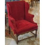 WING ARMCHAIR, Jacobean style in red chenille, 71cm W.