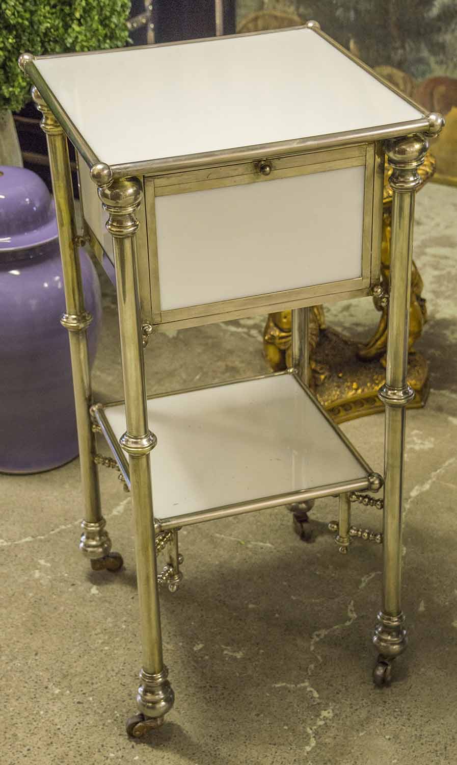 CABINET ON STAND, late 19th century French, opaline glass and silvered metal framed,