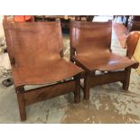 SLING CHAIRS, a pair, ranch style, stitched raw coach hide leather and belted 57cm W.