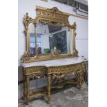 MIRROR AND CONSOLE TABLE, Louis XVI style giltwood, with white marble top,