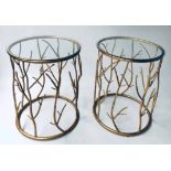 LAMP TABLES, a pair, circular drum form with gilt metal branch frame and glass top,