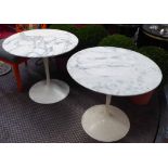 ATTRIBUTED TO EERO SAARINEN TULIP SIDE TABLES, a pair, vintage with arabescato marble tops, 66cm H.