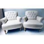 ARMCHAIRS, a pair, Victorian style linen upholstered each with button back, scroll arms,