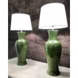 TABLE LAMPS, a pair, Vaughan style Chinese green glazed ceramic fishtail vases, with shades, 66cm H.