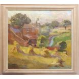 ALLAN WALTON (British 1892-1948) 'Red Bricks Cottages by a Stream', oil on canvas,