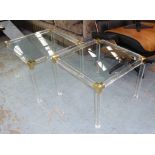 SIDE TABLES, a pair, 1970's French, brass and acrylic, 45cm H.