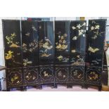 CHINESE SCREEN, six fold, black lacquer with applied decorative detail, each panel 41cm x 184cm H.