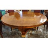 DINING TABLE, bespoke burr walnut, Regency style, of large proportions with gilt supports,