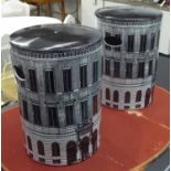 FORNASETTI STYLE BARREL STOOLS, a pair, 45cm H.