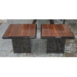 LAMP TABLES, a pair, black lacquer with square Macassar ebony tops, 46cm H x 60cm.