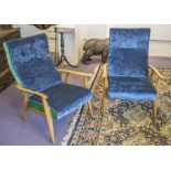 ARMCHAIRS, a pair, mid 20th century, Danish design in blue and green velvet, 65cm W.