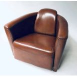 AVIATOR ARMCHAIRS, a pair, Timothy Oulton style stitched tan coach hide leather with block supports.