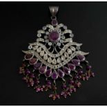 A VINTAGE RUBY AND DIAMOND PENDANT, 6cm Drop approx, probably Persian.