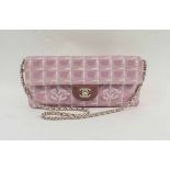 CHANEL EAST WEST FLAP BAG, with quilted 'chocolate bar' design pink canvas, silver plated hardware,