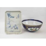CHINESE BLUE AND WHITE UNDERGLAZE RED TRAY QIANLONG, and a Japanese blue and gold bowl.
