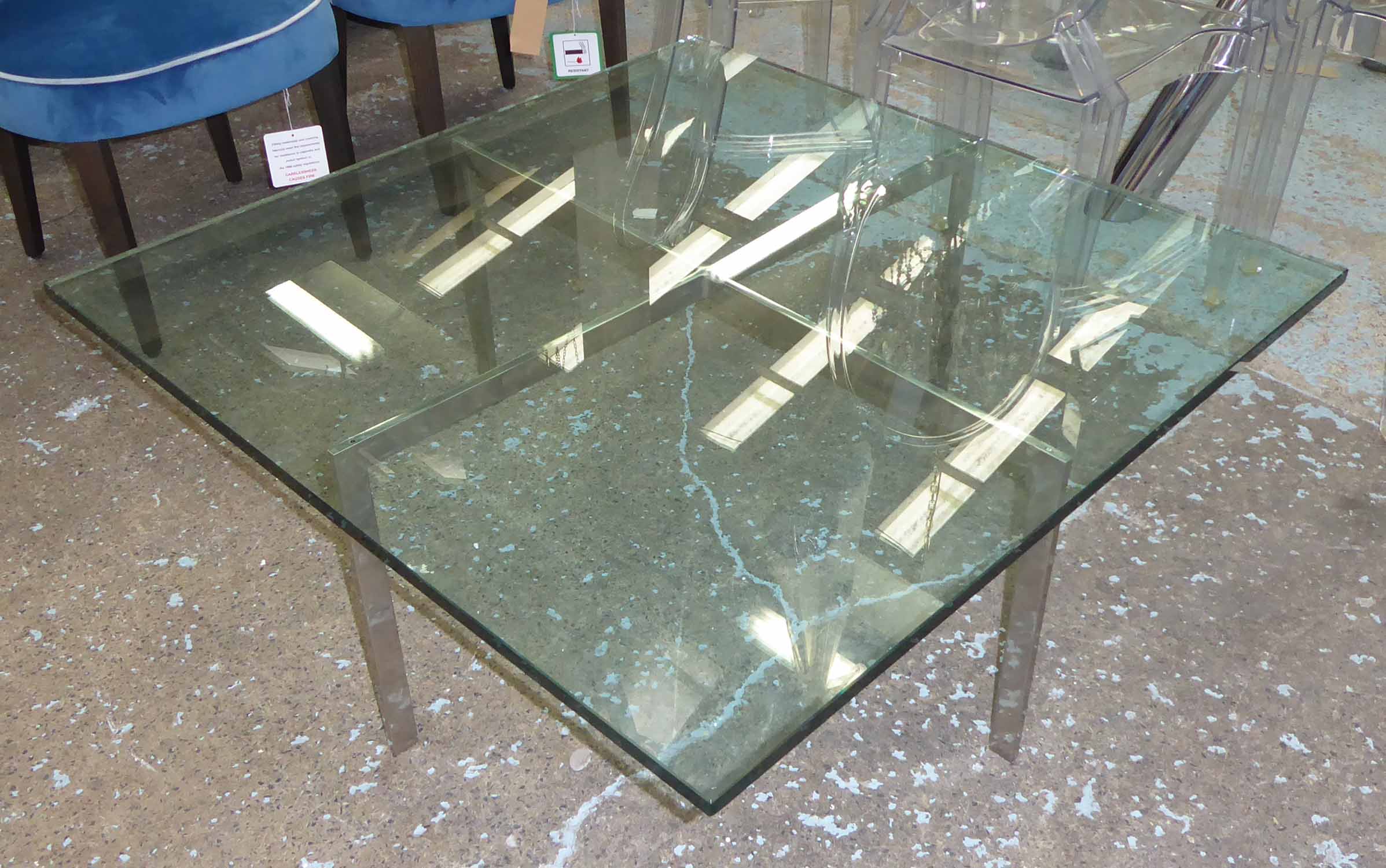 AFTER LUDWIG MIES VAN DER ROHE, Barcelona style table, 102cm x 102cm x 43cm.