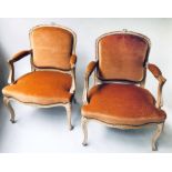 FAUTEUILS, a pair, French 20th century Louis XV style limed beech and rust plush velvet upholstered,