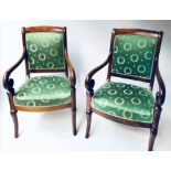 FAUTEUILS, a pair, early 19th century French Charles X mahogany with Empire green silk upholstery.