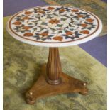 PIETRA DURA TABLE, circular foliate inlaid marble top on mahogany pedestal, 61cm H x 67cm.