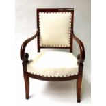 FAUTEUILS, a pair, early 19th century French Charles X mahogany newly upholstered in studded linen,