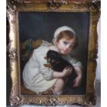 AFTER JEAN-BAPTISTE GREUZE 'Girl Holding her Dog', oil on canvas, 65cm x 53.5cm, framed.