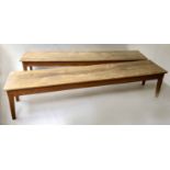 BENCHES, a pair, beech and scumbled pine nursery tables, rectangular with square supports,