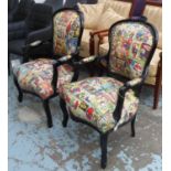 SUPER HERO FAUTEUILS, a pair, French provincial style with comic print upholstery.