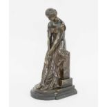 A SCHOENEWERK, a fine bronze of a classical lady sitting on a plinth, 28.5cm H approx.