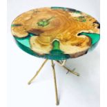 LAMP TABLE, bespoke acrylic encased tree section, on gilt metal branch supports, by J&K Tables,