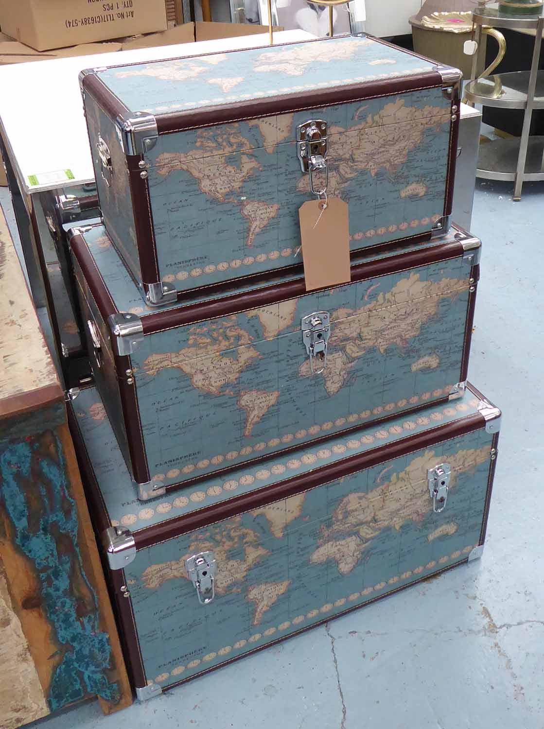 TRUNKS, a graduated set of three, with cartography detail, 70cm largest.
