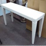 CONSOLE TABLE, white on square tapered supports, 119cm W x 71cm H x 34.5cm D.