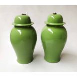 TEMPLE JARS, a pair, Chinese leaf green ceramic ginger jar form, 53cm H.