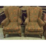 WING ARMCHAIRS, a pair, Georgian style in orange leaf patterned chenille, 75cm W.