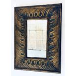 VENETIAN WALL MIRROR, 18th century rectangular carved gilt wood gadrooned and blue painted infill,