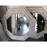 MIRRORS, a pair, hexagonal bevelled plate in a distressed white painted frame, 123cm x 123cm.