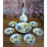 CHINA VASE, converted to a lamp 35cm H, one larger bowl 24cm x 8cm H, and six small dishes,