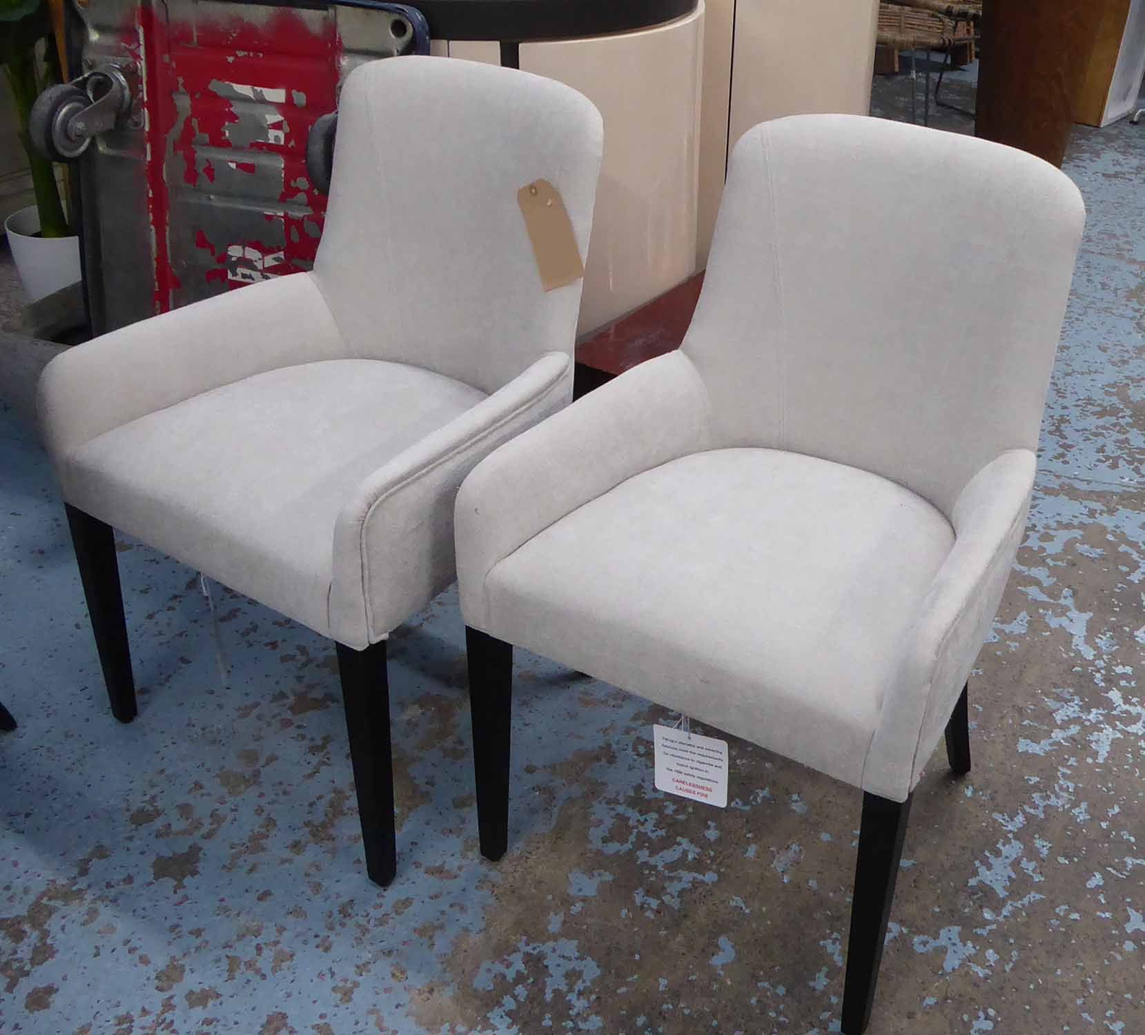 AARK ARMCHAIRS, a pair, of slight proportions, neutral chenille finish, 90cm H.