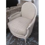 BERGERE, in beige squared fabric on a distressed white painted frame, 75cm W.