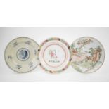 CHINESE PORCELAIN, three 18th/19th century plates with landscape scenes and floral patterns,