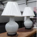 TABLE LAMPS, a pair, Chinese Celedon style with shades, 97cm H.