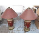 TABLE LAMPS, a pair, vase type with brass fittings and shades, 85cm H.