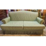 SOFA, green upholstery with humped back and bullion fringe, 190cm x 92cm H.