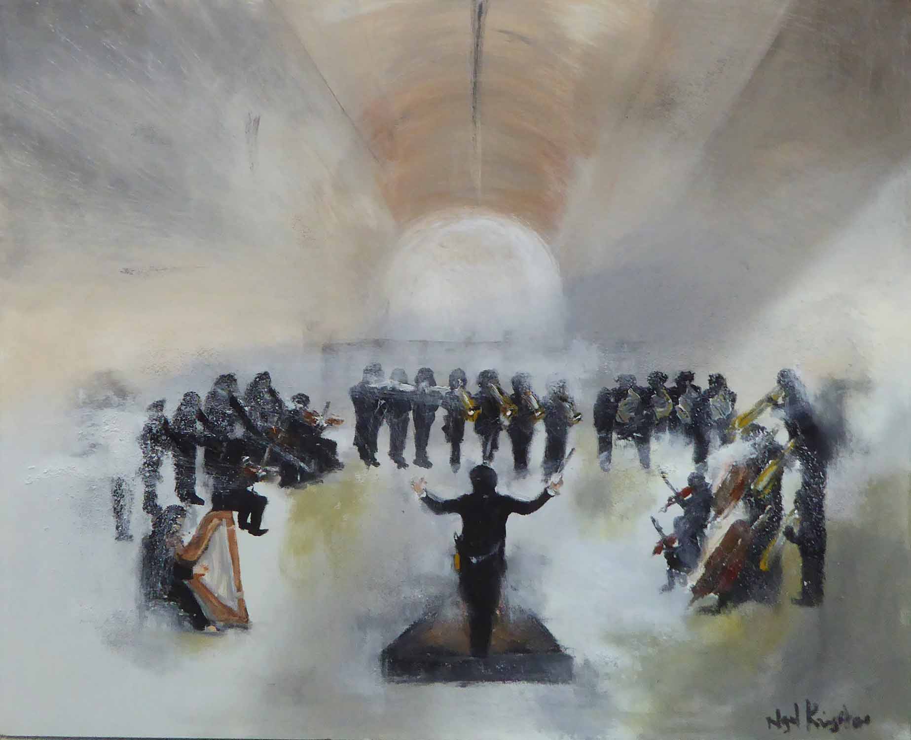 NIGEL KINGSTON 'Orchestra in full swing', acrylic on canvas, signed, 100cm x 120cm.