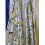 CURTAINS, two pair, floral cotton lined and interlined gathered 90cm x 233cm drop, plus pelmets.