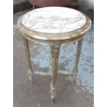 SIDE TABLE, circular French style with marble top on a distressed painted frame and fluted supports,