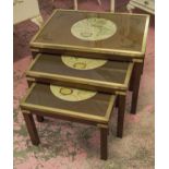 NEST OF THREE TABLES, mahogany and brass bound with glazed and map lined tops,