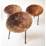 CONRAN BASKET CHAIRS, a set of three, wicker baskets on iron stands.