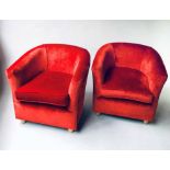TUB ARMCHAIRS, a pair, red velvet upholstered each with curved back.