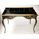 WRITING DESK, vintage Louis XV style black lacquer and gilt Chinoiserie with leather,