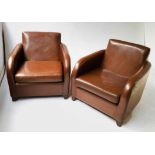 CLUB ARMCHAIRS, a pair, club style, mid tan brown leather with curved arms.